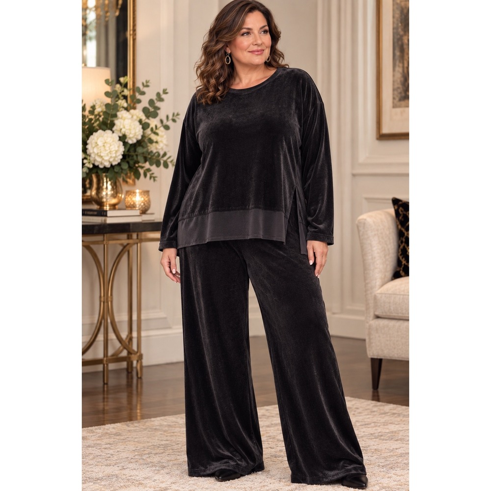 Sport Savvy 2 Piece Velour Pant Set 2X Straight Leg Long Sleeve Tunic Sheer